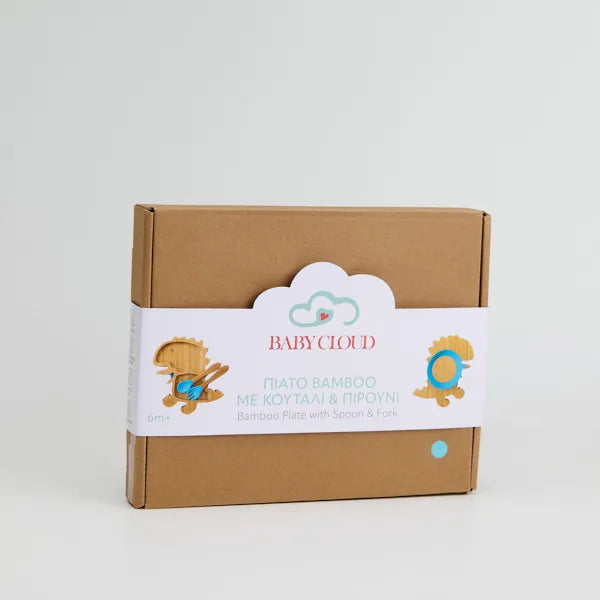 Πιάτο Φαγητού Bamboo με κουτάλι/πιρούνι - Δεινόσαυρος Μπλε