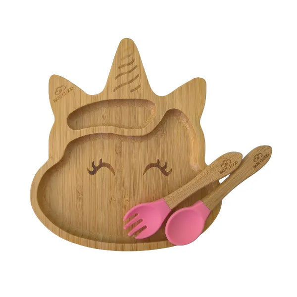 Πιάτο Φαγητού από Bamboo με Κουτάλι/Πιρούνι - Μονόκερος Ροζ
