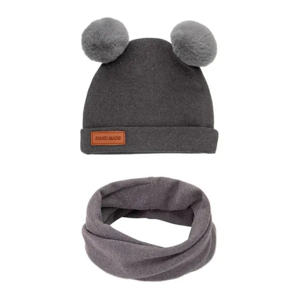 Σετ παιδικό σκουφάκι με πομ-πομ & κασκόλ - Γκρι