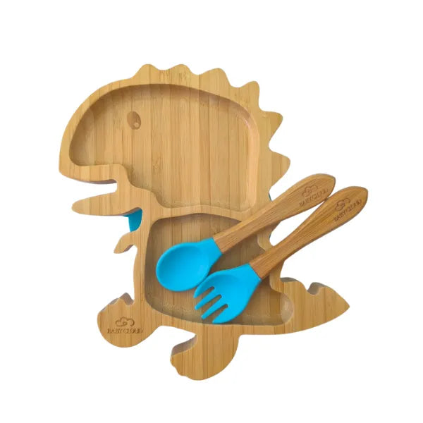 Πιάτο Φαγητού Bamboo με κουτάλι/πιρούνι - Δεινόσαυρος Μπλε