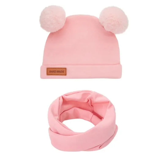Σετ παιδικό σκουφάκι με πομ-πομ &amp; κασκόλ - Ροζ