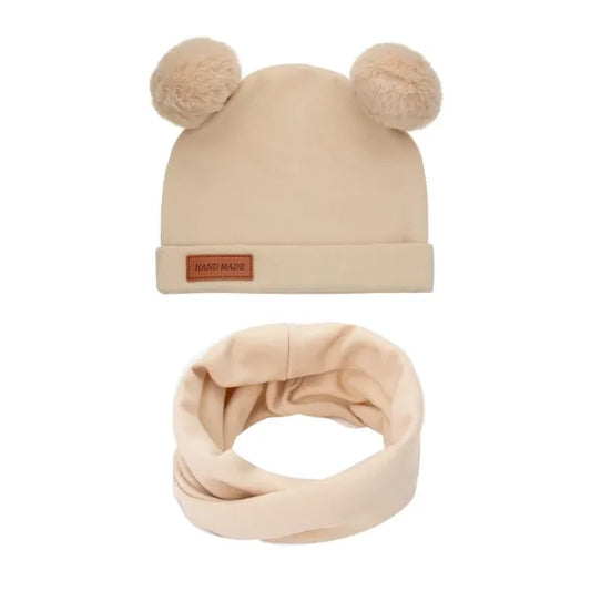 Σετ παιδικό σκουφάκι με πομ-πομ &amp; κασκόλ - Μπεζ