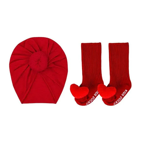 Σετ Τουρμπάνι &amp; Καλτσάκια μωρού - Καρδούλες Κόκκινο